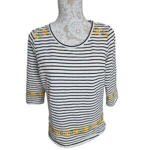 Pomelo Aztec Embroidered Top 3/4 Sleeve White & Black Striped Top Women's Medium